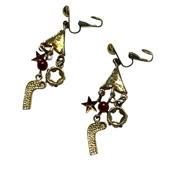 Christmas holiday theme clip on earrings drop & dangle gold multicolor novelty - Picture 6 of 7